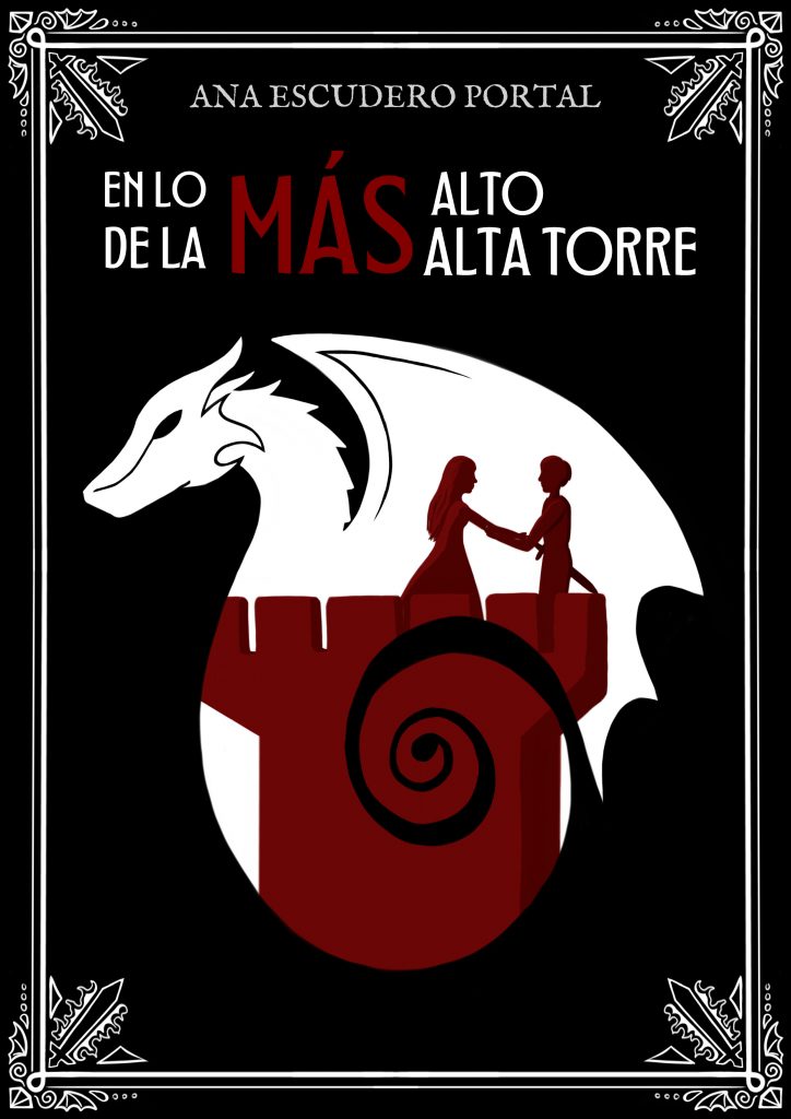 En lo más alto de la más alta torre, un microrrelato gratuito de Ana Escudero Portal. En la imagen aparece un dragón blanco con una torre y unos enamorados en color sangre de fondo sobre su cuerpo